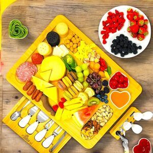 PandPal Bamboo Cheese & Charcuterie Board Set Knives Forks Bowls Stand Gift New